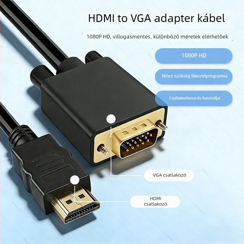 HDMI–VGA adapter kábel laptop/asztali számítógéphez monitorra; felbontás 1920x1080; hossz 1.8/3 m; modell YD-C188