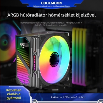 CPU hűtő négy rézcsővel, ARGB világítással, GT400 digitális hőmérséklet kijelző, PWM halk ventilátor 800-1800 RPM, hidraulikus csapágy