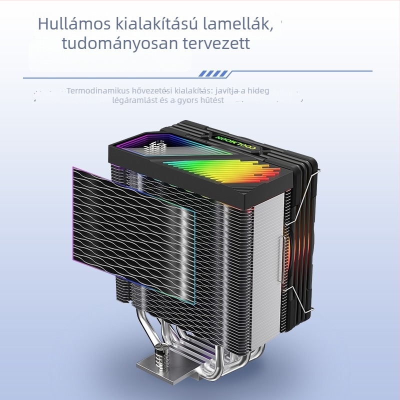 CPU hűtő négy rézcsővel, ARGB világítással, GT400 digitális hőmérséklet kijelző, PWM halk ventilátor 800-1800 RPM, hidraulikus csapágy