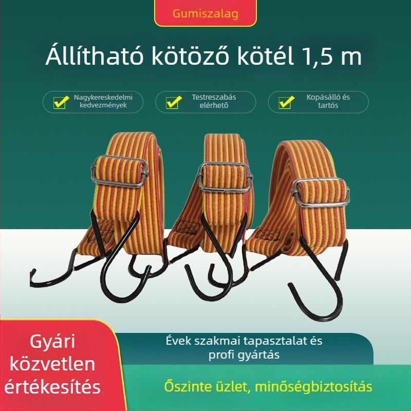 Motorkerékpárok és elektromos járművek rakományrögzítő kötél, állítható, latex huzal anyag, 100 kg teherbírás