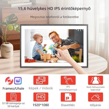 Frameo/Uhale felhőalapú Wi‑Fi digitális képkeret, 32GB tárhely, SD/USB támogatás, Full HD 1920×1080 kijelző, vezeték nélküli fotó/videó átvitel mobilalkalmazáson keresztül, videólejátszás