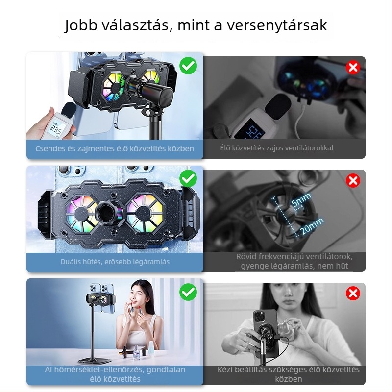 Szilícium-alapú, csendes hűtő radiátor tabletekhez és okostelefonokhoz, modell 003, 10W, Anyag: ABS + alumíniumötvözet + PC, Csatlakozó: Type-C, Tömeg: 552 g