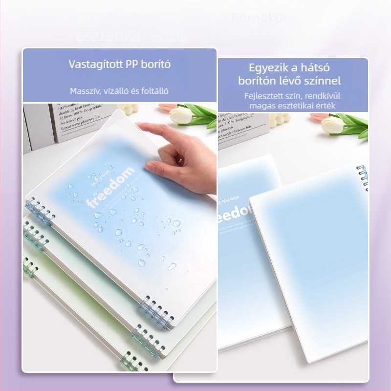 Jegyzetfüzet gyűrűs kötésű, PP borító, dupla offset papír, 70 g/m², 100–200 oldal