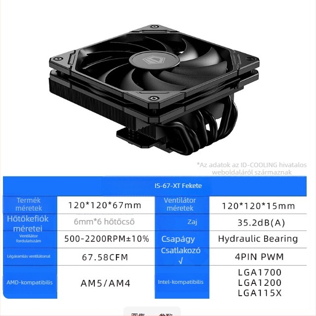 CPU hűtő Id-Cooling IS-67XT, réz kivitel, 6 hőcső, 1500 RPM
