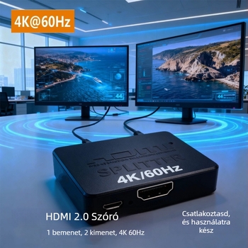 HDMI elosztó 1x2, 4K60Hz, mini modell, 0,5 m kábel, verzió 2.0