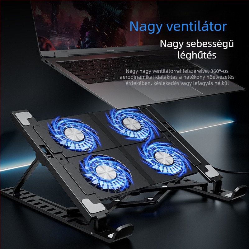 Beállítható magasságú, összecsukható ventilátoros laptop hűtőállvány, hordozható