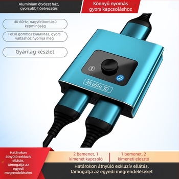 HDMI kapcsoló/disztribútor, 4Kx2160, 2 bemenet - 1 kimenet, kétirányú, aranyozott csatlakozók, alumínium ötvözet burkolat, Plug-and-Play, modell Hs-002
