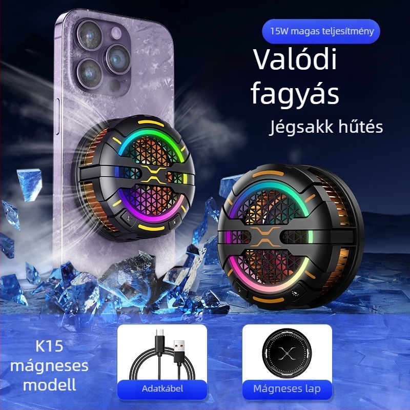 K15 Játékos telefon- és tablet magnetos hűtő radiátor, 3 sebesség, 15W, kb. 120 g, USB-C, ABS+PC/alumínium ötvözet