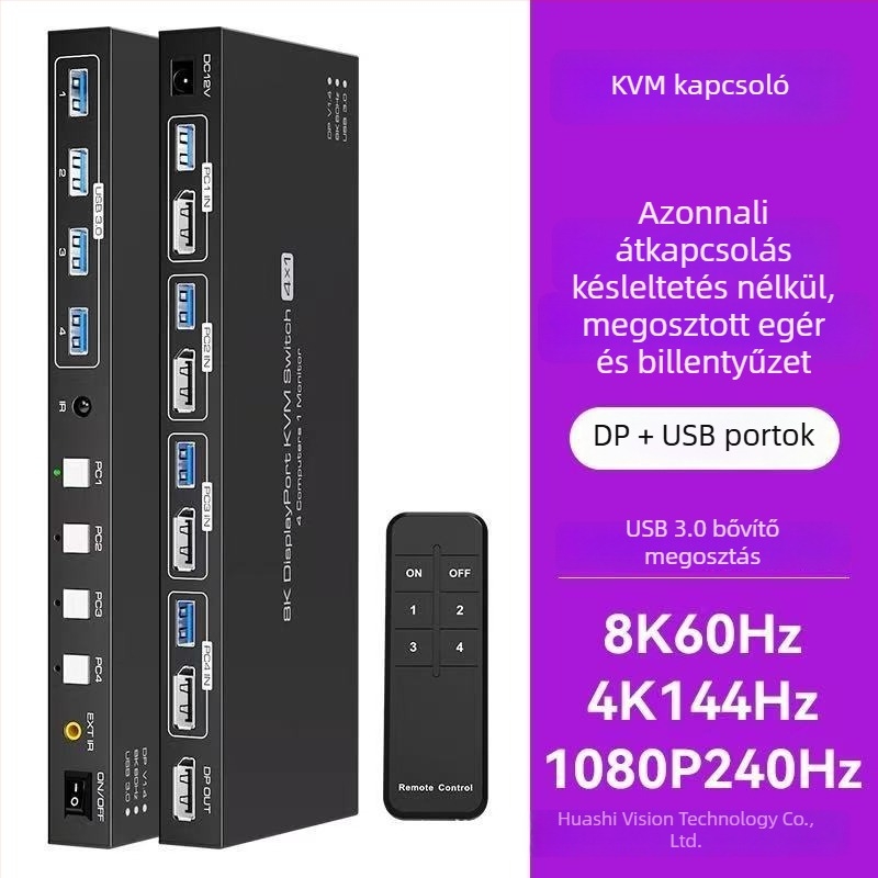 SW241 4-portos HDMI/DisplayPort KVM-switch billentyűzet és egér megosztásához négy számítógép között, 8K60 Hz