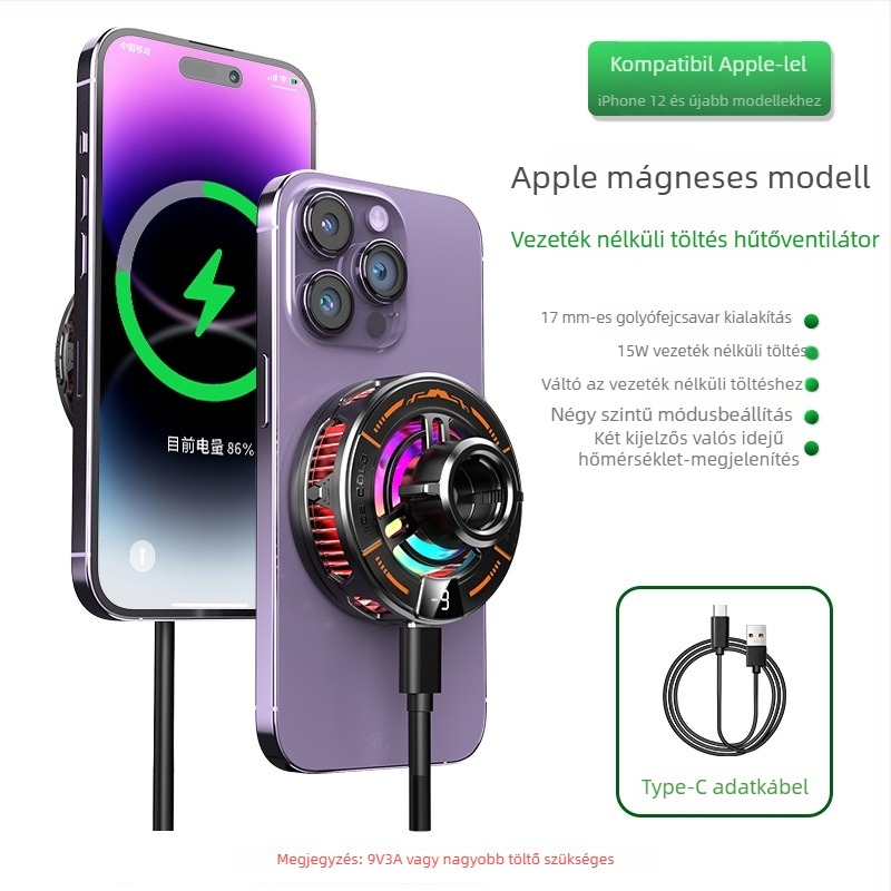 Telefonhűtő mágneses vonzással és félvezető AI hőmérséklet-szabályozással, kompatibilis az iPhone 17 vezeték nélküli töltőjével; 15W, Type-C, anyag ABS+PC/PC/alumínium ötvözet, súly 160 g
