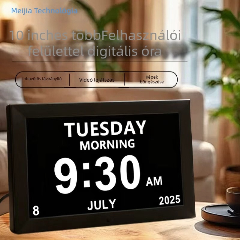 LCD-kijelzős digitális óra, SD/USB támogatás, videó- és zenelejátszás, ébresztőóra, felbontás 1024x600