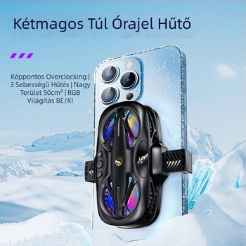 Telefon hátoldali hűtőklipsz RGB világítással és három digitális kijelzővel (Modell: 12, Teljesítmény: 15W, Tömeg: 158 g, Anyag: ABS+PC+alumíniumötvözet, Csatlakozás: Type-C)