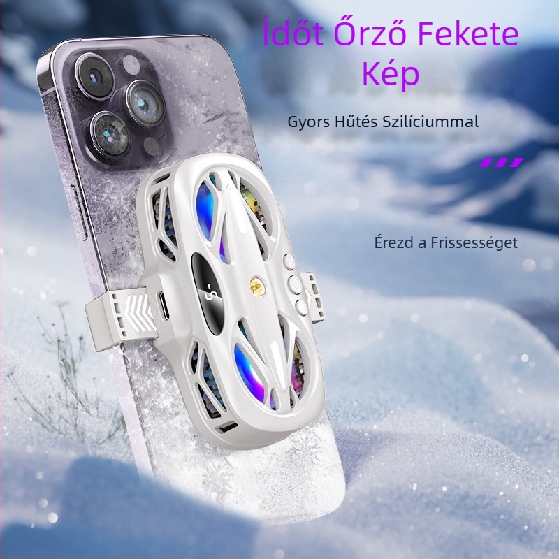 Telefon hátoldali hűtőklipsz RGB világítással és három digitális kijelzővel (Modell: 12, Teljesítmény: 15W, Tömeg: 158 g, Anyag: ABS+PC+alumíniumötvözet, Csatlakozás: Type-C)