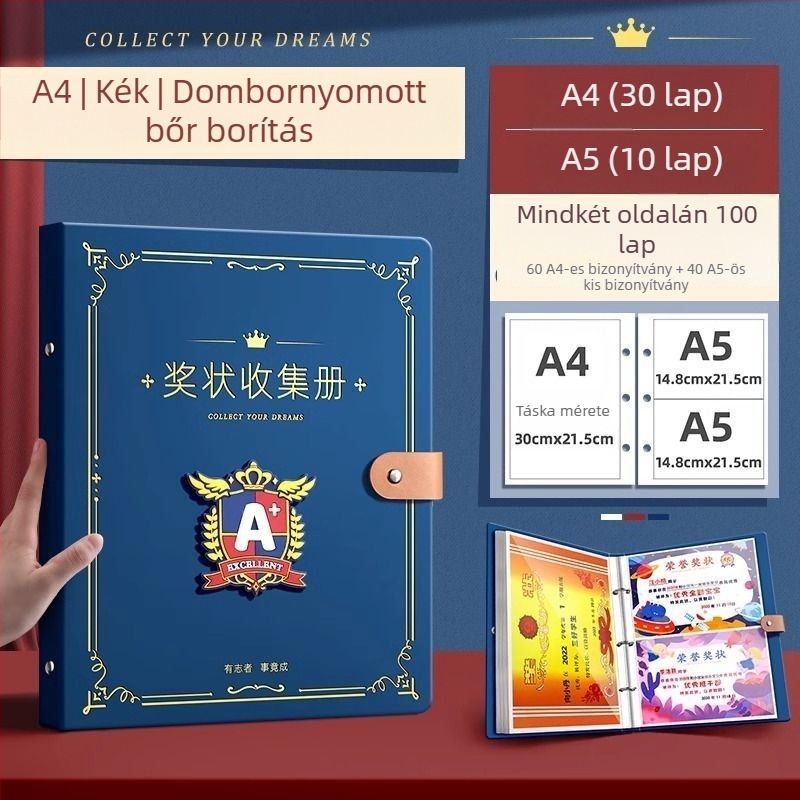 Bizonyítványgyűjtemény könyv – bőrhatású felület, 40 oldal, logó nélkül, ajándék gyerekeknek és osztálytársaknak