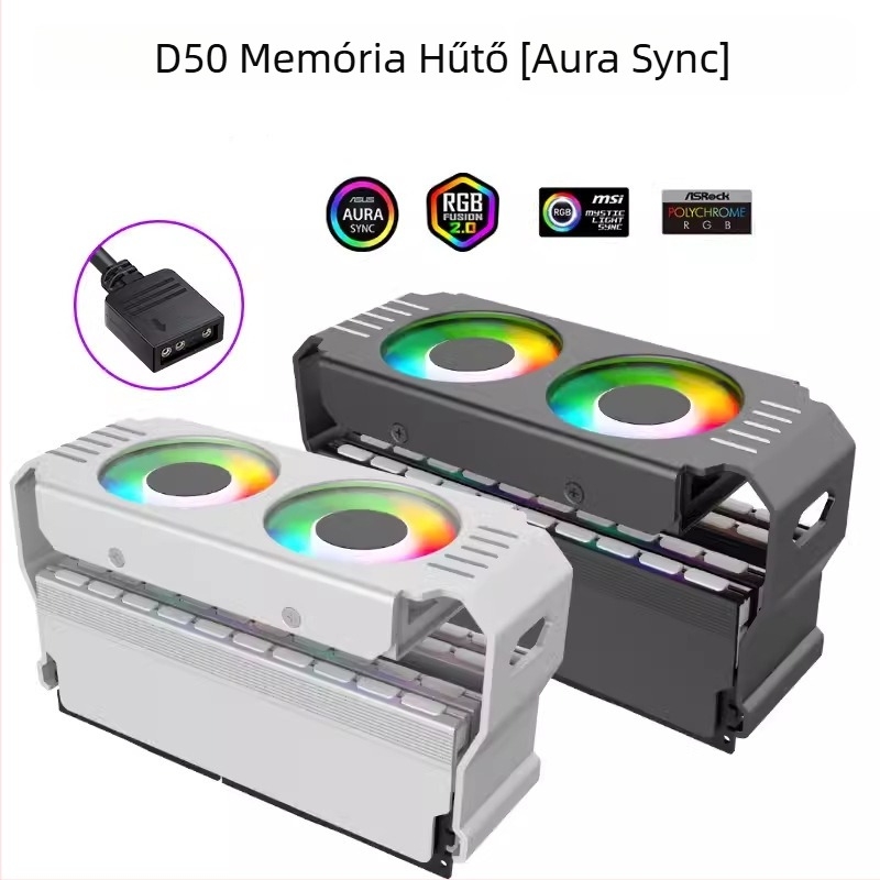 D50 memóriás ARGB hűtő radiátor PWM hőmérséklet-szabályozással, két ventilátor, DDR4/DDR5 teljes lefedettség, 5V szinkron