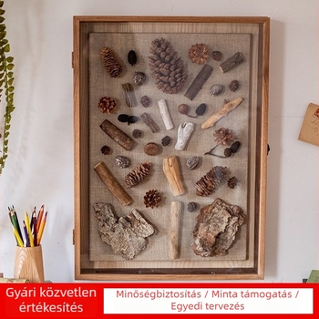 Természetes fából készült mintadoboz vintage kézműves háromdimenziós fedéllel, falra szerelhető keret száraz virágokhoz, gravírozott dísz