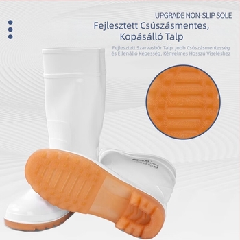 Uniszex élelmiszer-higiéniás csizma esőcipo – vízálló és olajálló, csúszásmentes, sav- és lúgálló, közepes-magas cső, injektált műanyag