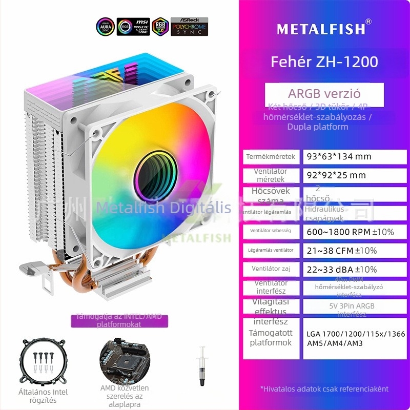 CPU hűtő 6 hőcsővel, réz- és alumínium konstrukció, levegőhűtés, 1800 RPM