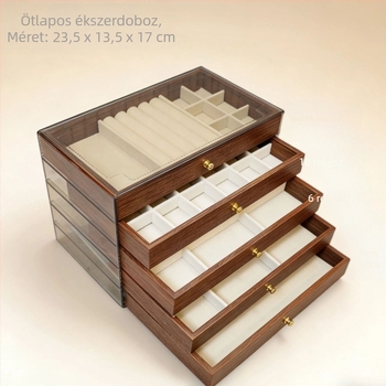 Öt rétegű fa ékszerdoboz, nagy kapacitású belső elrendezésekkel