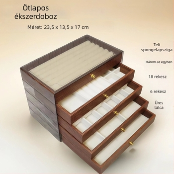Öt rétegű fa ékszerdoboz, nagy kapacitású belső elrendezésekkel