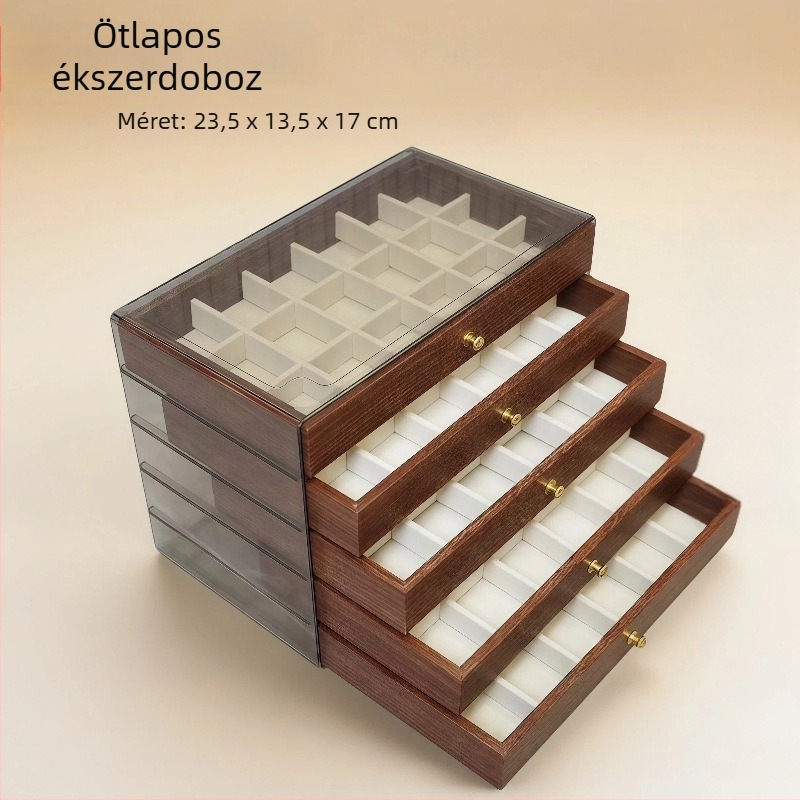 Öt rétegű fa ékszerdoboz, nagy kapacitású belső elrendezésekkel