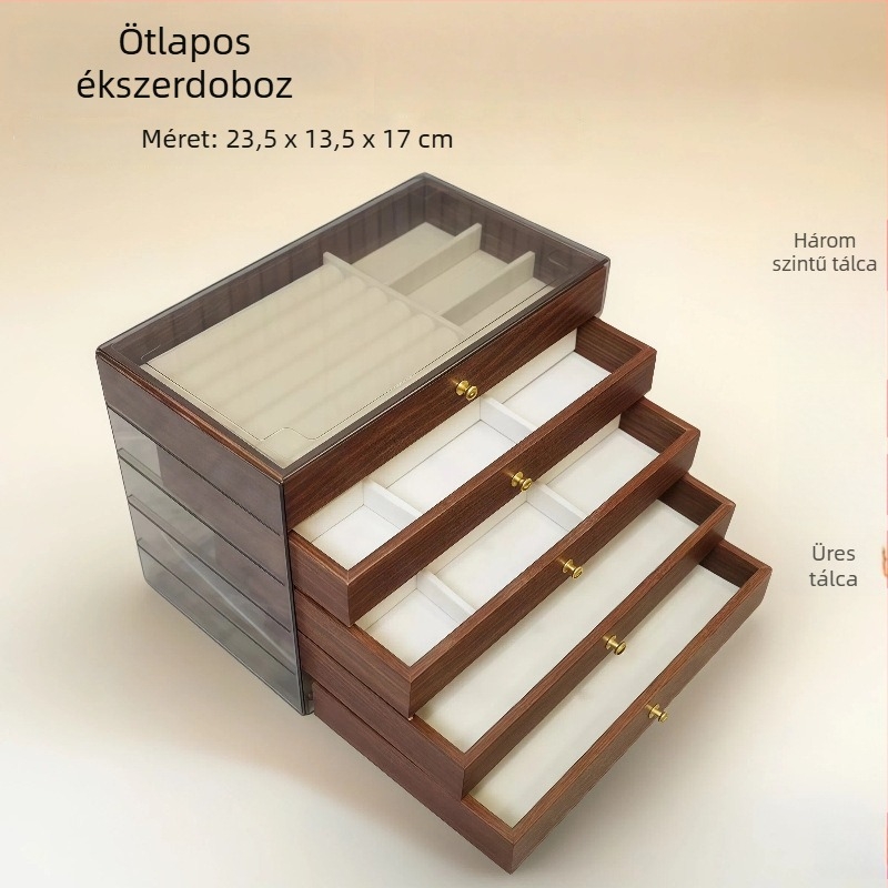 Öt rétegű fa ékszerdoboz, nagy kapacitású belső elrendezésekkel