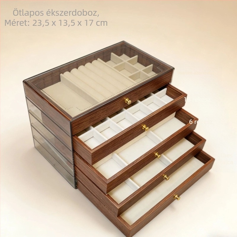 Öt rétegű fa ékszerdoboz, nagy kapacitású belső elrendezésekkel