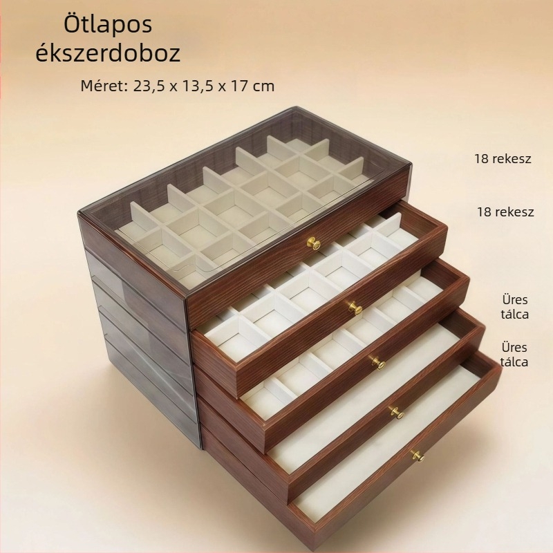 Öt rétegű fa ékszerdoboz, nagy kapacitású belső elrendezésekkel
