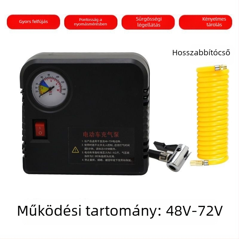 Hordozható kéthengeres elektromos gumiinflátor motorkerékpárokhoz, 48V/60V/72V, digitális kijelzővel