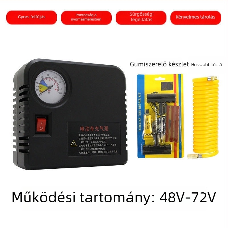 Hordozható kéthengeres elektromos gumiinflátor motorkerékpárokhoz, 48V/60V/72V, digitális kijelzővel