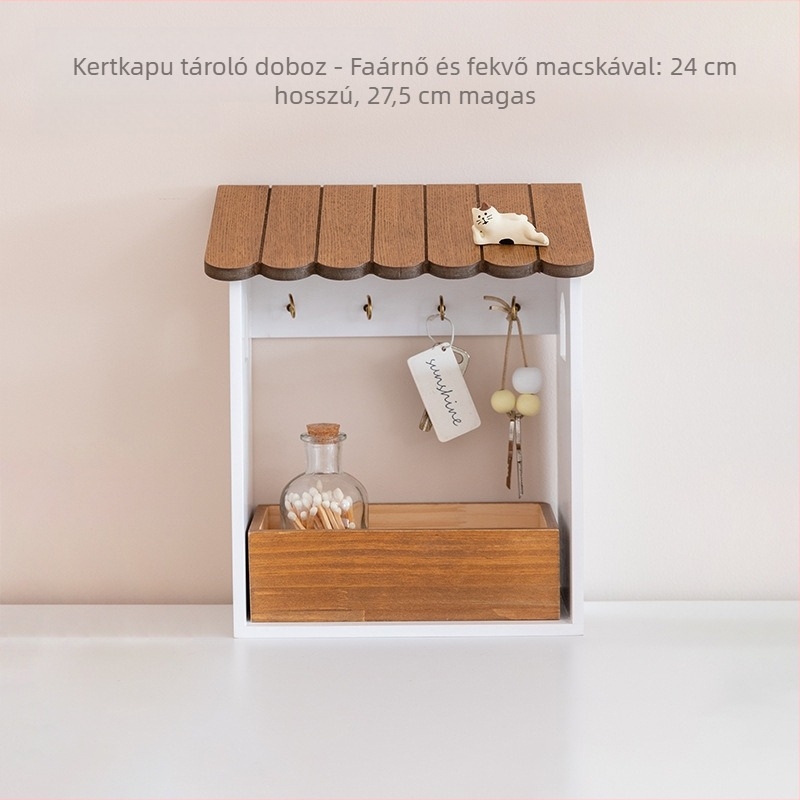 Bejárati ajtó melletti asztali kulcstartó doboz, modell 985, fenyőfa, fedéllel, INS stílus, karikatúra mintázat, 2 L kapacitás