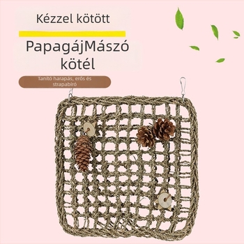 Papagáj játék kötélhálós mászókával, harapnivaló medállal és létrával – tigris bőrű peónia motívummal felnőtt madarak számára