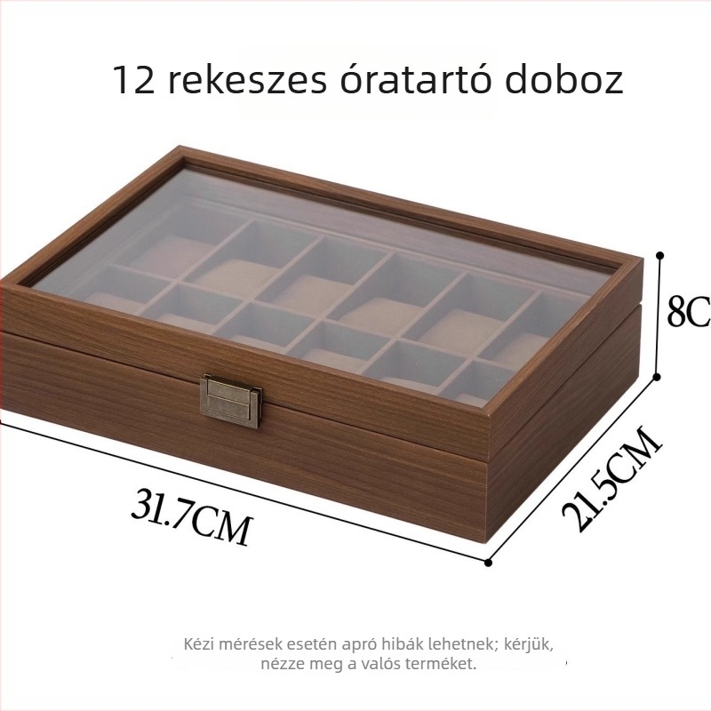 Diófából készült óratároló doboz üvegfedéllel – porvédelmet, rekeszek, nagy kapacitás mechanikus órákhoz