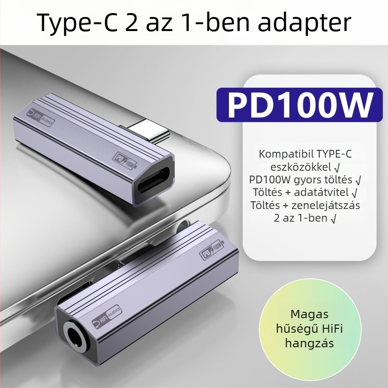 Type-C 2-in-1 audió átalakító fejhallgatóhoz és töltéshez — PD100W gyors töltés, digitális audió dekódolás, kompatibil Huawei, Xiaomi, Honor, Oppo, iPhone 17 és más USB-C eszközökkel
