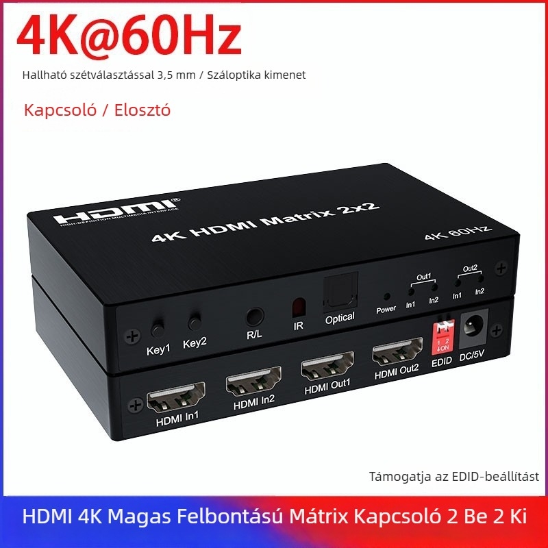 HDMI kapcsoló mátrix 2x2 audióval, 4K60Hz, távirányító