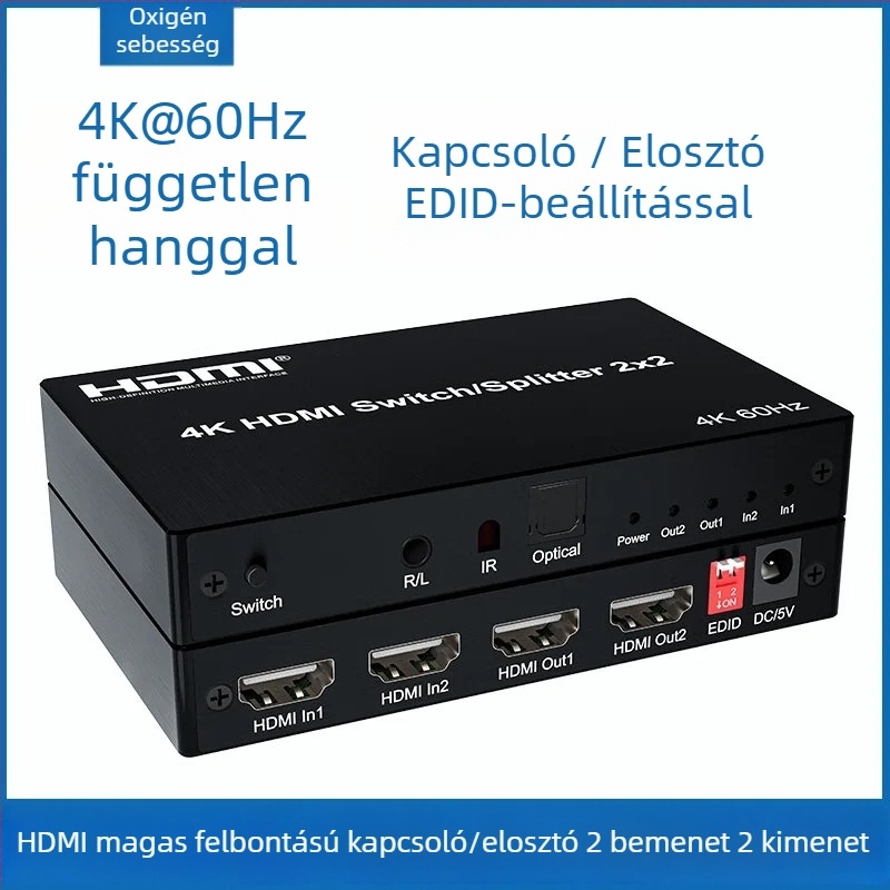 HDMI kapcsoló mátrix 2x2 audióval, 4K60Hz, távirányító