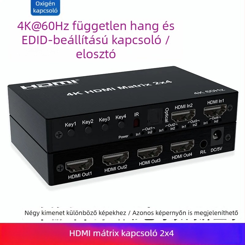 HDMI kapcsoló mátrix 2x2 audióval, 4K60Hz, távirányító