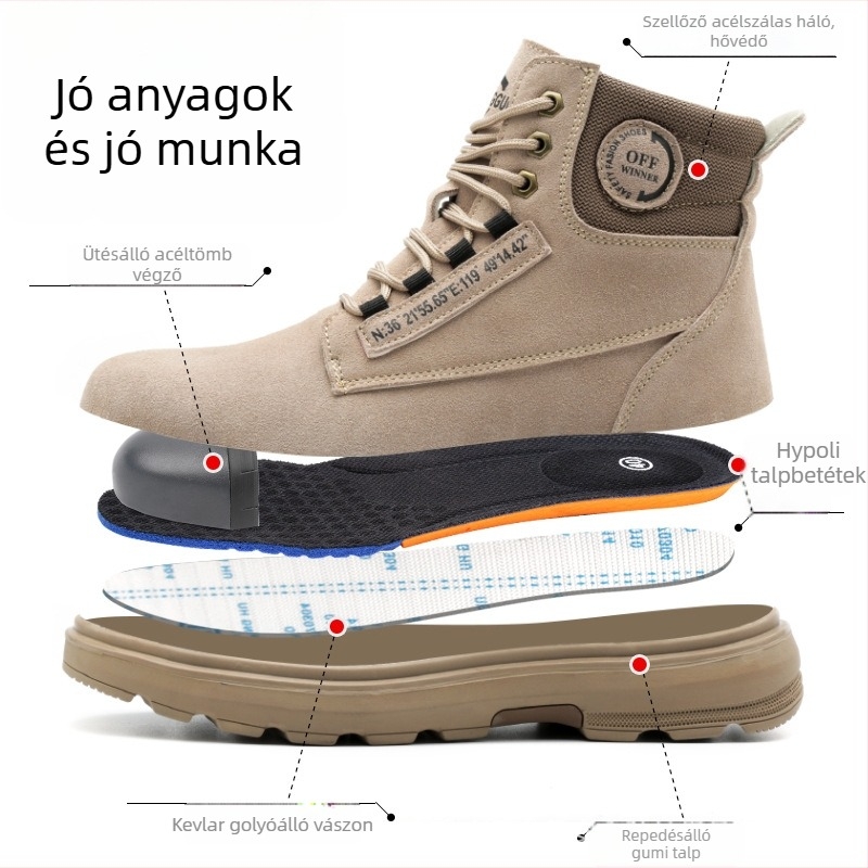 Férfi acélorrú munkacipő, magas szárú, anti-perforáció és antiégés, nubuk bőr