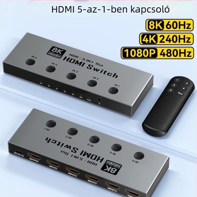 HDMI kapcsoló öt bemenettel és egy kimenettel, 8K felbontás, 4K 240 Hz, HDCP 2.3