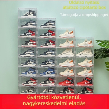 Oldalsó nyitású cipősdoboz, átlátszó műanyag (PP), összecsukható és rakható, 18 literes kapacitás