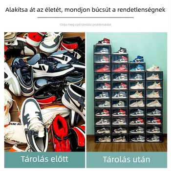 Oldalsó nyitású cipősdoboz, átlátszó műanyag (PP), összecsukható és rakható, 18 literes kapacitás