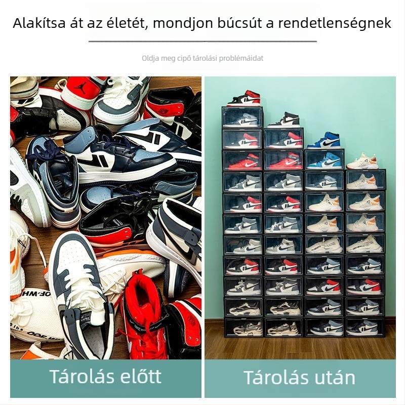 Oldalsó nyitású cipősdoboz, átlátszó műanyag (PP), összecsukható és rakható, 18 literes kapacitás