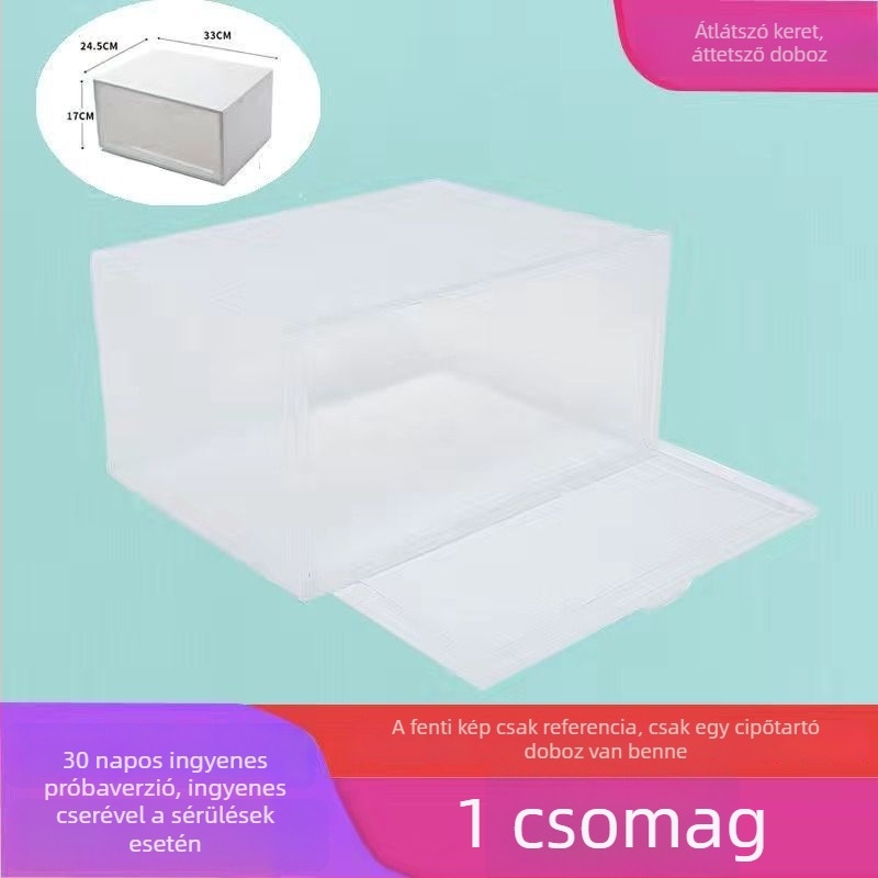 Oldalsó nyitású cipősdoboz, átlátszó műanyag (PP), összecsukható és rakható, 18 literes kapacitás