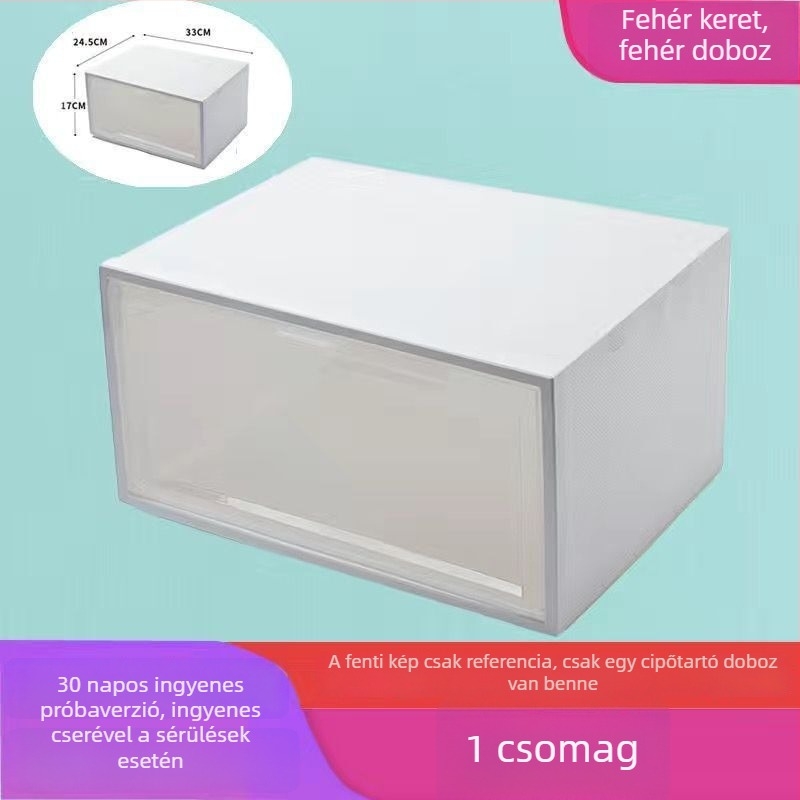 Oldalsó nyitású cipősdoboz, átlátszó műanyag (PP), összecsukható és rakható, 18 literes kapacitás