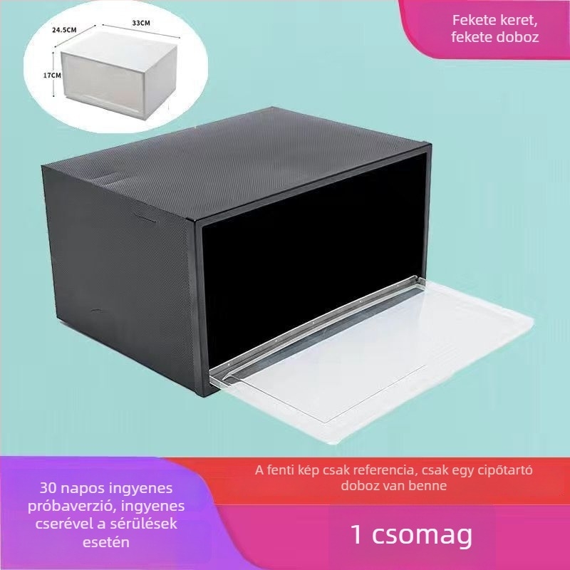 Oldalsó nyitású cipősdoboz, átlátszó műanyag (PP), összecsukható és rakható, 18 literes kapacitás