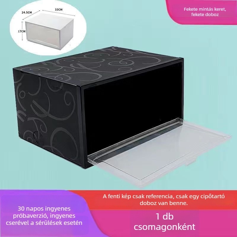 Oldalsó nyitású cipősdoboz, átlátszó műanyag (PP), összecsukható és rakható, 18 literes kapacitás