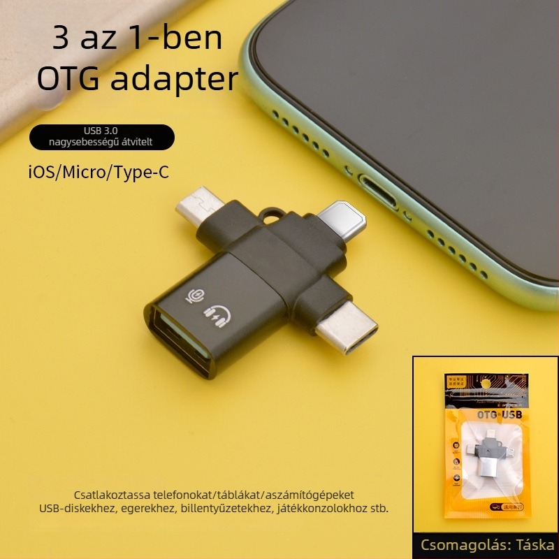 LI-TOP Z53 Háromfunkciós OTG adapter alumínium ötvözetből iPhone-hoz és Androidhoz, Type-C és USB 3.0 kompatibil