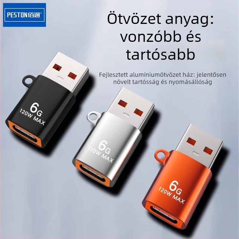 USB–Type-C OTG adapter, fém ház, 120W teljesítmény, 6G gyorstöltés, mobiltelefonokhoz és PC-khez