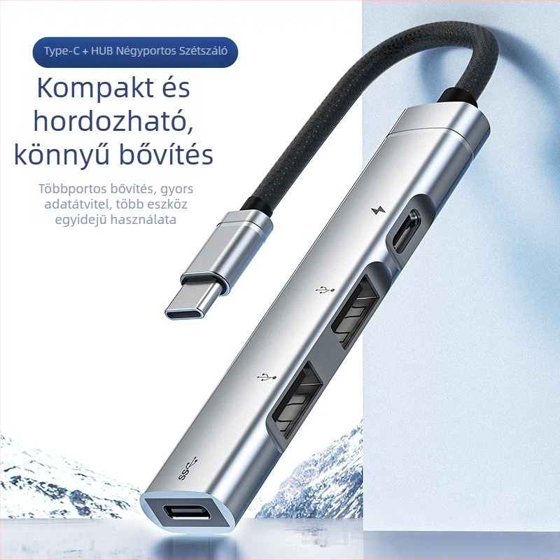 Type-C dokkoló hub PD töltéssel és USB hangkimenettel, Huawei telefonokra és iPad táblagépekre, 4-portos, külső tápegység nélkül, 10 cm-es kábel, modell PD+HUB