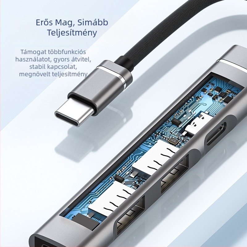 Type-C dokkoló hub PD töltéssel és USB hangkimenettel, Huawei telefonokra és iPad táblagépekre, 4-portos, külső tápegység nélkül, 10 cm-es kábel, modell PD+HUB